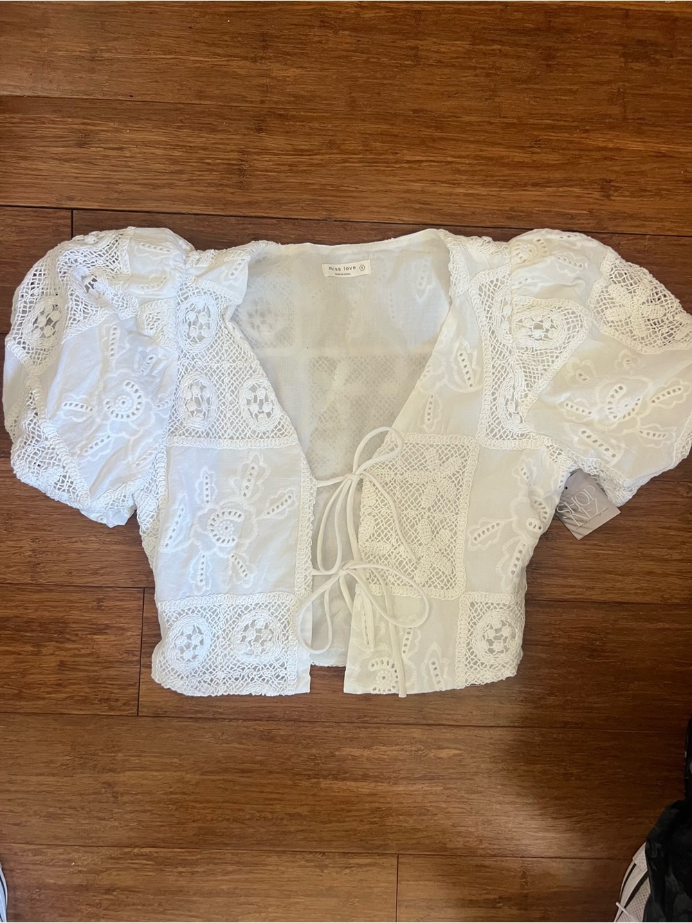 White Crochet Lace Puff-Sleeve Top, Crop